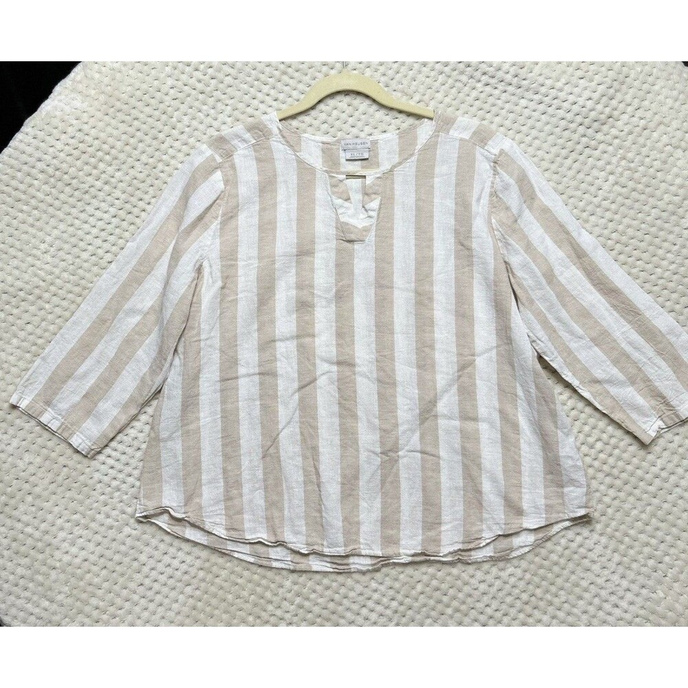 Van Heusen Beige Tan and Cream Striped Linen & Cotton Blouse Womens XL